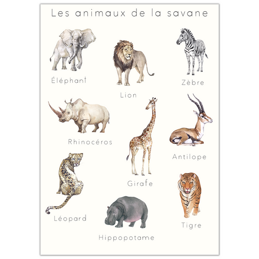 Affiche éducative & décorative  "Animaux de la Savane"